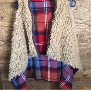 Plaid faux fur cardigan